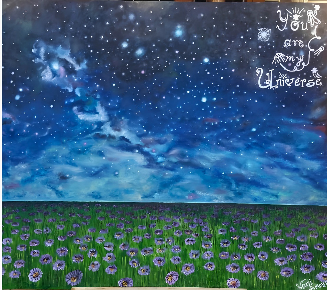 You Are My Universe, an original oil painting by Vani Kaushal depicting a star-filled galaxy above a field of flowers.