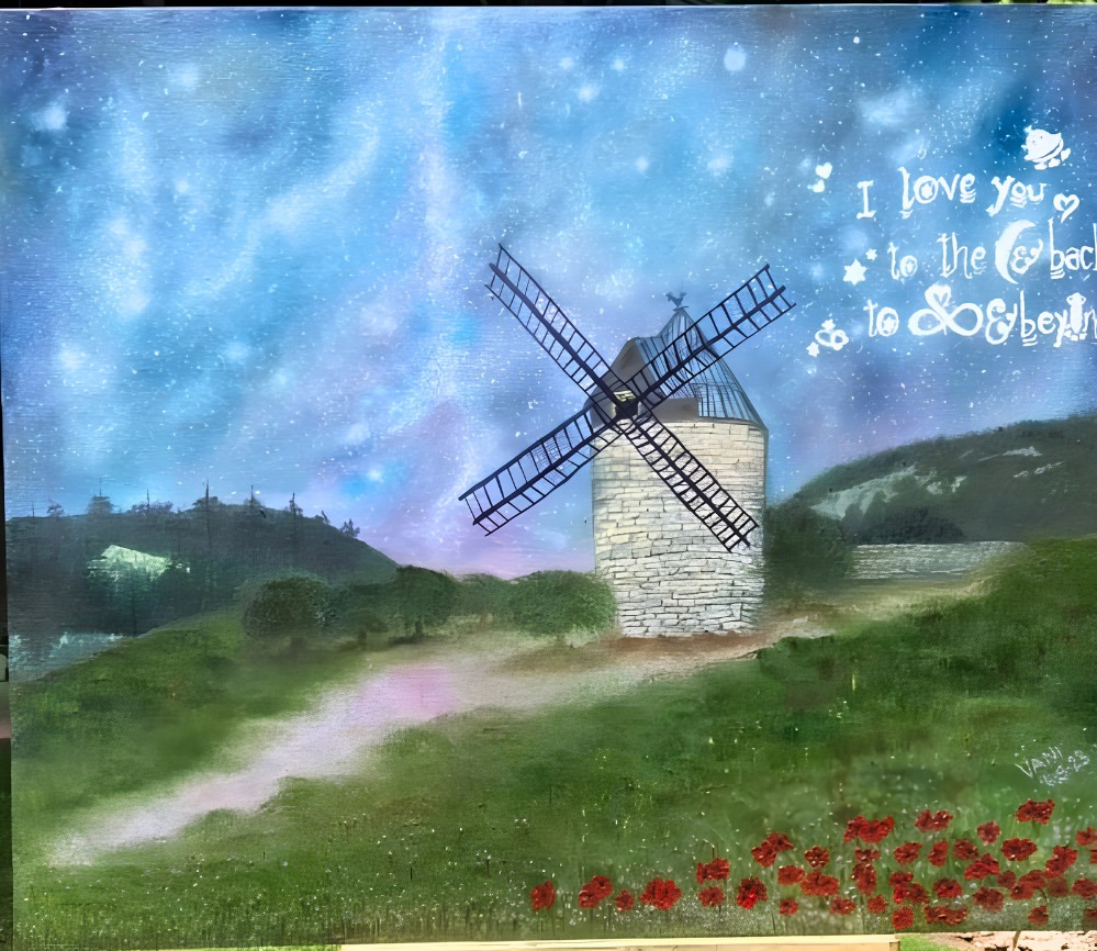 I Love You to the Moon and Back, to Infinity and Beyond, an original oil painting by Vani Kaushal featuring a windmill beneath a luminous star-filled sky.