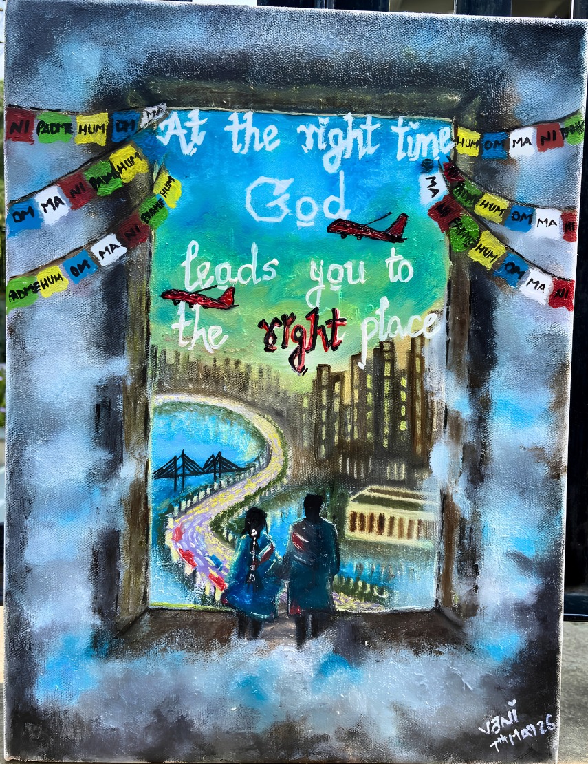 At the Right Time, God Leads You to the Right Place, an original oil painting by Vani Kaushal featuring two figures, aeroplanes, prayer flags and a city journey.